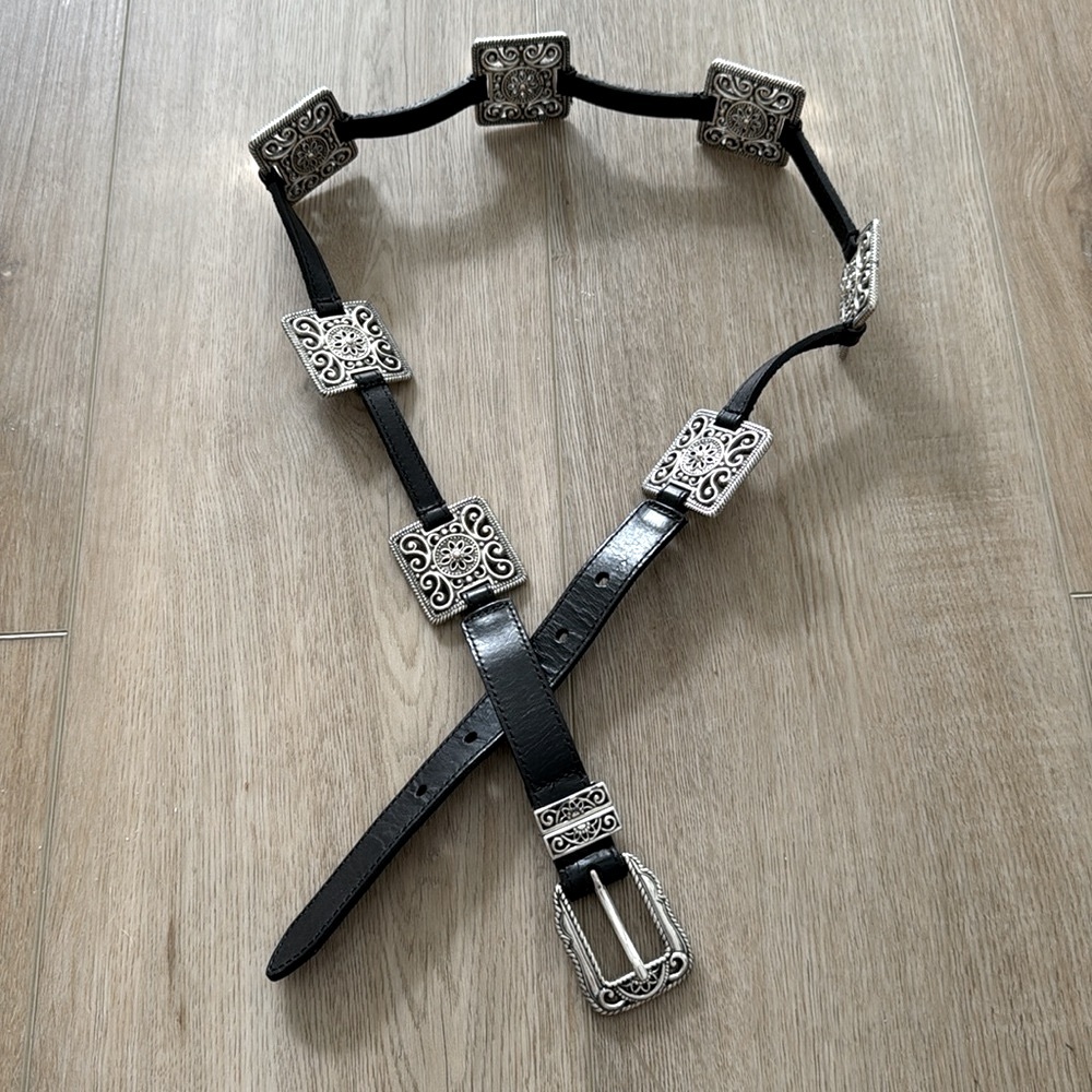 Brighton Leather Black Square Embellished Silverplated Hardware Belt L 34